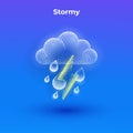 Stormy 3d icon with transparent effect. Halftone weather simple icon with minimalistic clouds drops and lightning shapes. Dots