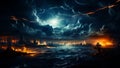 Stormy dark ocean thunderstorm. Illustration mystical stormy landscapes. Generative AI