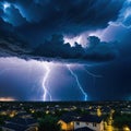 A stormy dark sky with black clouds and sparkling lightning from behind which the sun and direct sunlight are