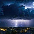 A stormy dark sky with black clouds and sparkling lightning from behind which the sun and direct sunlight are