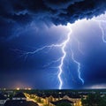 A stormy dark sky with black clouds and sparkling lightning from behind which the sun and direct sunlight are