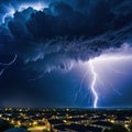 A stormy dark sky with black clouds and sparkling lightning from behind which the sun and direct sunlight are