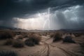 stormy desert with lightning and thunderbolts