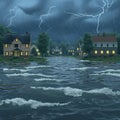 Stormy disaster strikes, submerging houses in torrential rainwaters Royalty Free Stock Photo