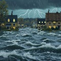 Stormy disaster strikes, submerging houses in torrential rainwaters Royalty Free Stock Photo