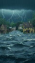 Stormy disaster strikes, submerging houses in torrential rainwaters Royalty Free Stock Photo