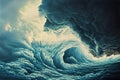 a stormy heavy wave in the ocean, dark clouds incoming, ai generated image