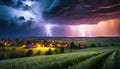 Thunderstorm with lightning bolts in the sky. AI generated Royalty Free Stock Photo