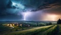 Thunderstorm with lightning bolts in the sky. AI generated Royalty Free Stock Photo