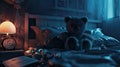 a stormy late night, where a bedside alarm clock sits ominously beside a terrifying bear doll, evoking suspenseful