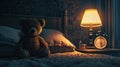 a stormy late night, where a bedside alarm clock sits ominously beside a terrifying bear doll, evoking suspenseful