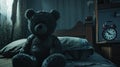 a stormy late night, where a bedside alarm clock sits ominously beside a terrifying bear doll, evoking suspenseful