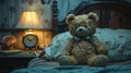 a stormy late night, where a bedside alarm clock sits ominously beside a terrifying bear doll, evoking suspenseful