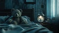 a stormy late night, where a bedside alarm clock sits ominously beside a terrifying bear doll, evoking suspenseful