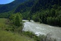 A stormy mountain river flowing through a sunny valley at the foot of high mountains on a summer day Royalty Free Stock Photo