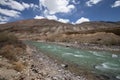 Stormy mountain river in valley in the foothills of the Fann mountains. Landscape.