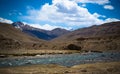 Stormy mountain river in valley in the foothills of the Fann mountains. Landscape. Toned