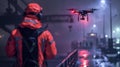 On a stormy night a drone equipped with weatherresistant features patrols the perimeter of a shipyard to prevent theft Royalty Free Stock Photo