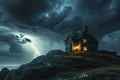 Stormy night with a hilltop house, lightning in the clouds.