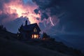 Stormy night with a hilltop house, lightning in the clouds.