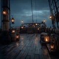 Stormy night on a weathered pirate ship deck featuring cannons and lanterns amidst the tempest Royalty Free Stock Photo