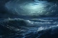 .Stormy Ocean at Night. High Waves and Heavy Rain Royalty Free Stock Photo