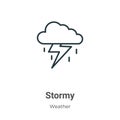 Stormy outline vector icon. Thin line black stormy icon, flat vector simple element illustration from editable weather concept