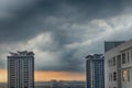 Stormy and rainy sunset Cyberjaya, Malaysia. Heavy rainy clouds over city. Royalty Free Stock Photo