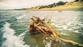 Stormy sea beach with decorative dead tree driftwood Royalty Free Stock Photo