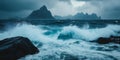 Stormy sea with crashing waves against rocks