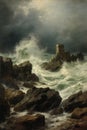 a stormy sea with crashing waves on a rocky shore Royalty Free Stock Photo