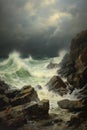 a stormy sea with crashing waves on a rocky shore Royalty Free Stock Photo