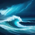 Stormy sea at Heavy A strong storm with big waves in the Night Illustration for