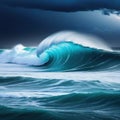 Stormy sea at Heavy A strong storm with big waves in the Night Illustration for