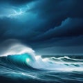 Stormy sea at Heavy A strong storm with big waves in the Night Illustration for