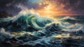 Stormy sea at night. Heavy sea. A strong storm with big waves in the ocean. Night thunderstorm. Like a painting. Generative AI Royalty Free Stock Photo