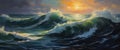 Stormy sea at night. Heavy sea. A strong storm with big waves in the ocean. Night thunderstorm. Like a painting. Generative AI Royalty Free Stock Photo