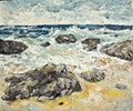 Windy sea and rock beach oil painting