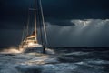 A stormy sea with a sailboat sinking in the waves, capturing the intense action and drama of the moment