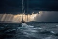 A stormy sea with a sailboat sinking in the waves, capturing the intense action and drama of the moment