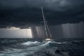 A stormy sea with a sailboat sinking in the waves, capturing the intense action and drama of the moment Royalty Free Stock Photo