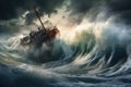 Stormy sea with a ship in the water. 3d rendering, dramatic scene of a boat sailing on big waves, AI Generated Royalty Free Stock Photo