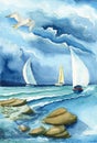 Stormy sea and three yachts and wet stones on the sea shore and sea gull in the cloudy sky