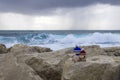 Stormy sea and two teddy bears Royalty Free Stock Photo