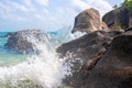 Stormy sea, waves crashing against rocks, splashing. Travel and tourism Royalty Free Stock Photo