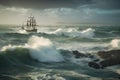 stormy seas, with pirate ship sailing through choppy waves