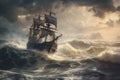 stormy seas, with pirate ship sailing through choppy waves