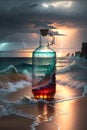 Stormy Seas at Sunset with Waves Crashing on the Beach and a Giant Bottle Drifting Ashore. AI generated Royalty Free Stock Photo
