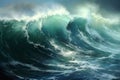 Stormy Seascape with Huge Emerald Waves. Shades of Teal Sea Water. Oceanic Power. AI Generated