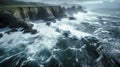 Stormy Seascape: Ocean Waves Collide with Imposing Cliffs, Enhanced by Golden Hour Morning Light - Generative AI